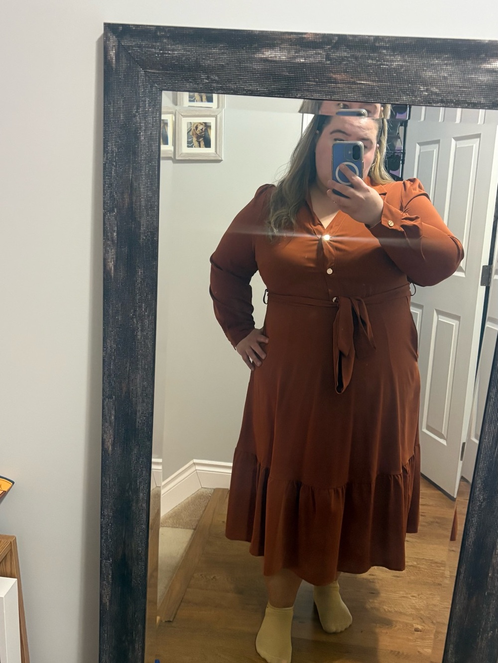 BloomChic Rust Brown Long-Sleeve Tie-Waist Midi Dress